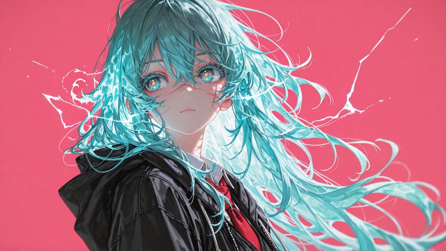 初音未来青绿长发飞扬黑衣红领结粉背景电光特效动漫人物电脑壁纸