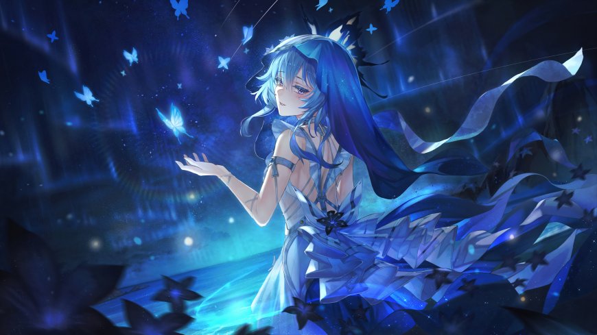 鸣潮守岸人蓝发少女伸手触蝶星空深蓝长裙飘逸梦幻唯美人物电脑壁纸
