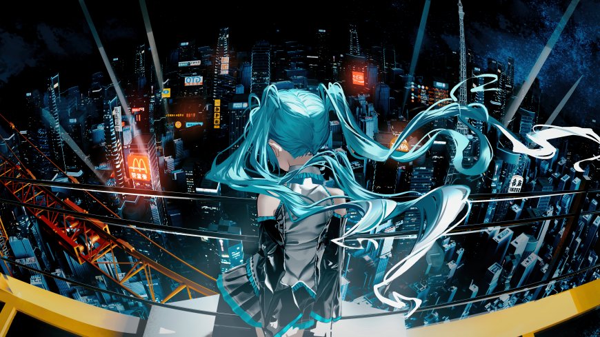 初音未来蓝绿双马尾背对镜头俯瞰霓虹都市赛博朋克风动漫人物电脑壁纸