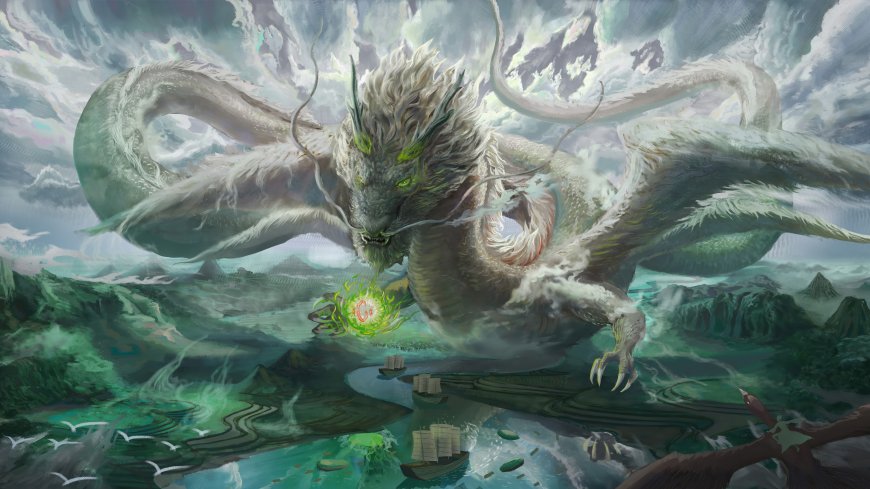 巨龙盘踞云端口含绿珠俯瞰江河船只飞鸟环绕东方神话插画电脑壁纸