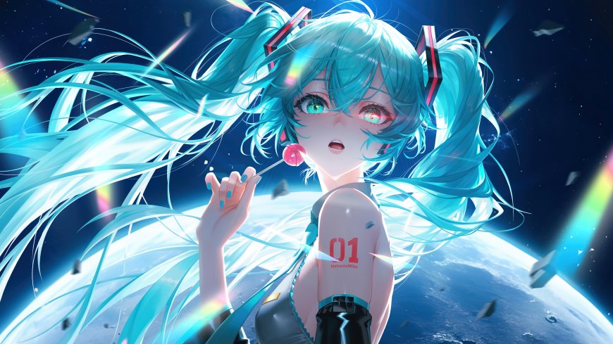 初音未来太空背景蓝发双马尾01号虚拟歌姬动漫电脑壁纸