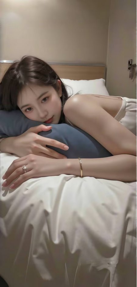 白衣吊带床上慵懒侧卧温柔眼神人像摄影人物手机壁纸