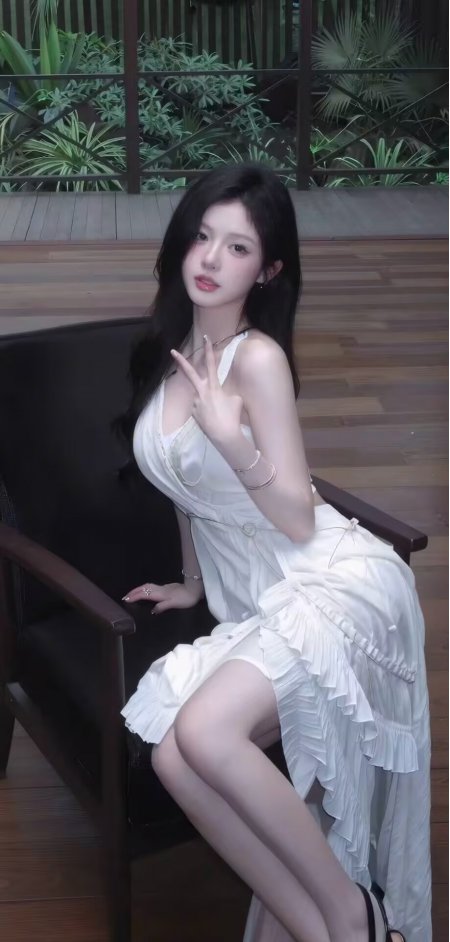 美女白裙比V手势绿植背景清新人像摄影人物手机壁纸