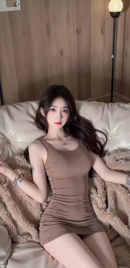 美女棕裙躺沙发慵懒姿态居家风人像摄影人物手机壁纸