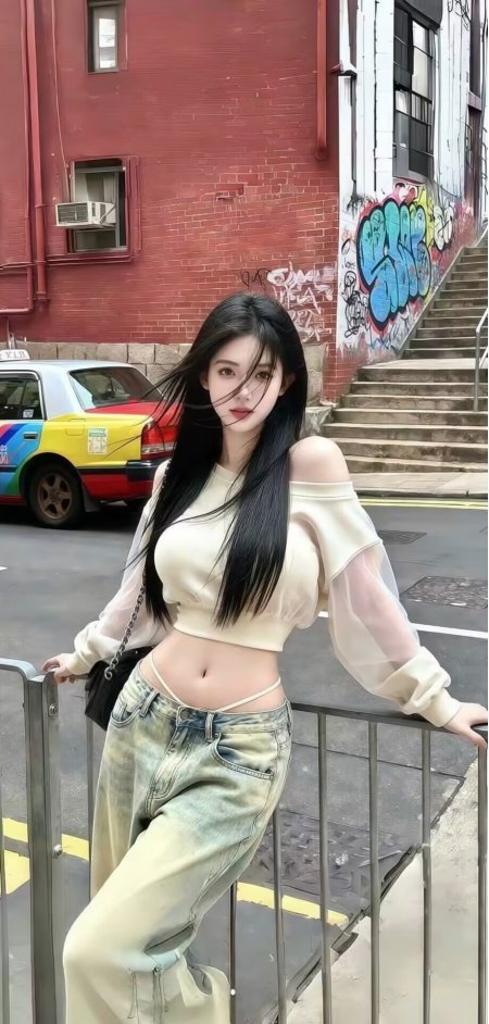露肩短上衣牛仔裤街拍辣妹潮流穿搭人像摄影人物手机壁纸