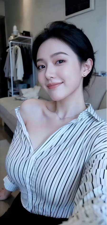 条纹衬衫露肩微笑甜美邻家女孩人像摄影人物手机壁纸