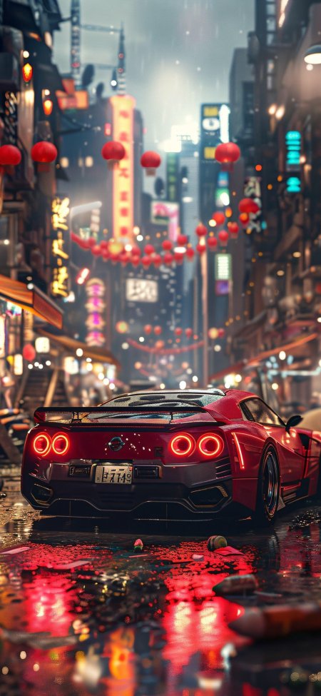 日产GTR赛博朋克街道夜景跑车摄影汽车手机壁纸
