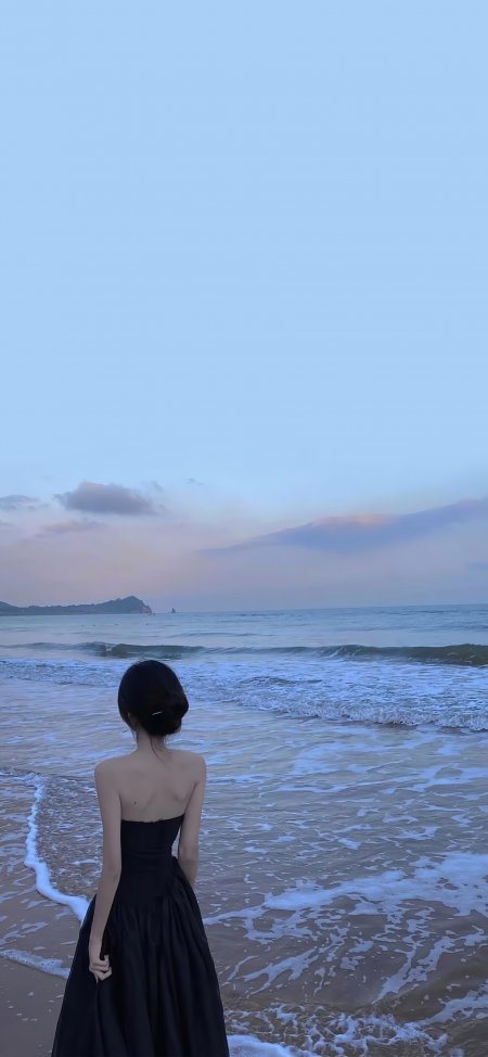 黑裙美女海边日落背影治愈风景摄影人物手机壁纸