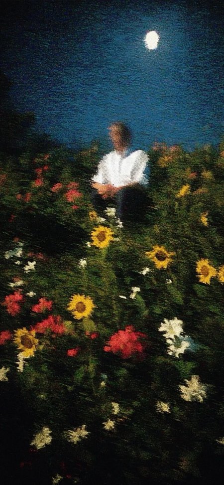 月下男子坐花丛中朦胧光影艺术创意手机壁纸