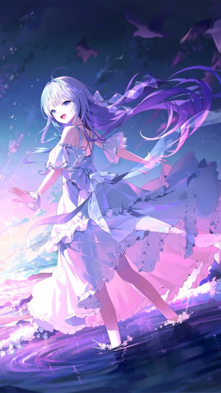 紫发少女白裙踏浪唯美梦幻二次元动漫手机壁纸