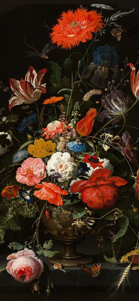 金属花瓶鲜花油画古典静物艺术装饰画手机壁纸