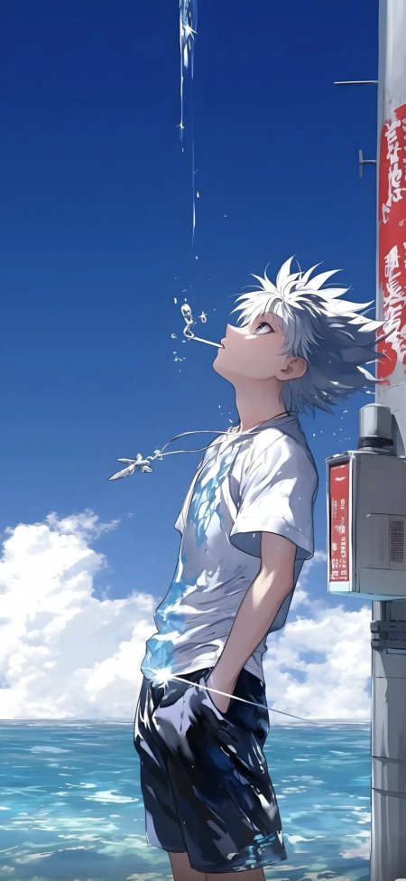 银发少年海边仰头清凉夏日治愈系动漫手机壁纸