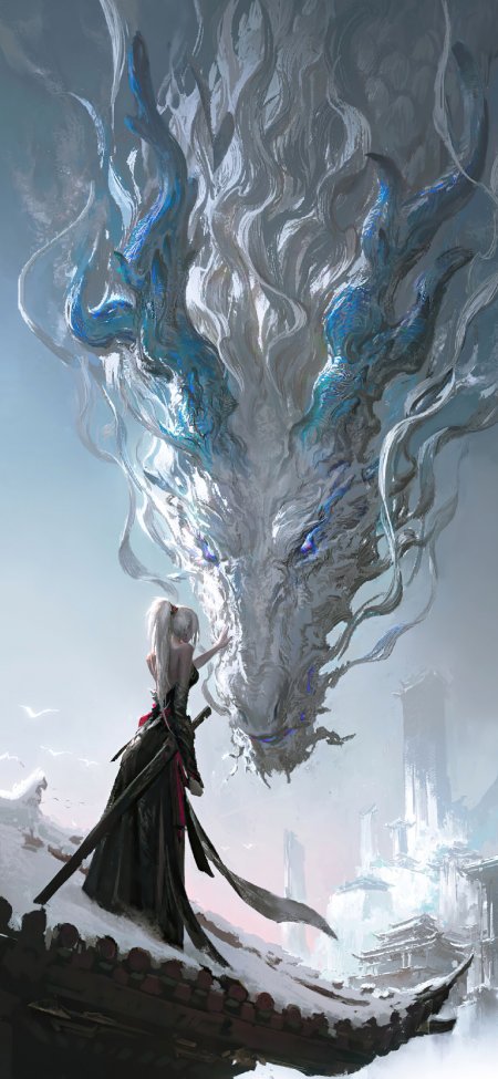 白发少女与巨龙古风插画奇幻场景二次元手机壁纸