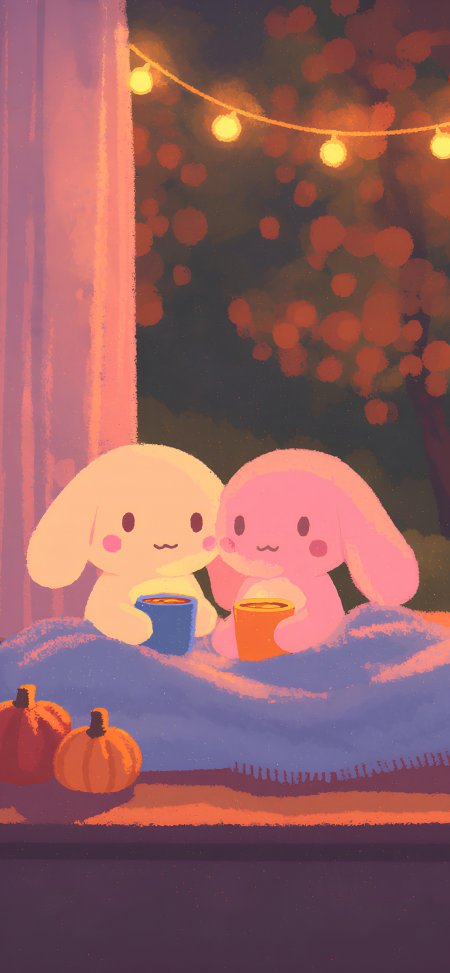 两只兔子围坐喝热饮温馨治愈插画创意手机壁纸