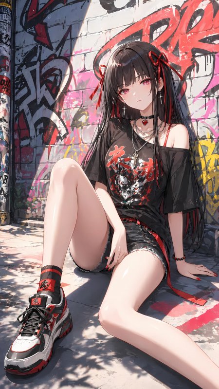 黑发双马尾少女涂鸦墙前坐姿二次元动漫手机壁纸