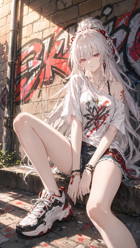 白发红瞳少女涂鸦墙前坐姿二次元动漫手机壁纸