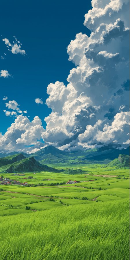 宫崎骏风格绿野蓝天积雨云治愈系动漫风景手机壁纸