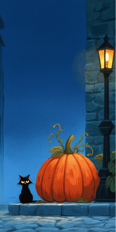 黑猫南瓜路灯蓝调夜景童话风插画创意手机壁纸