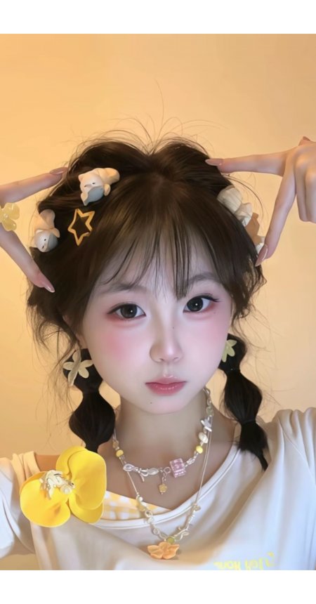 双马尾少女头顶小熊发夹甜美自拍人物手机壁纸
