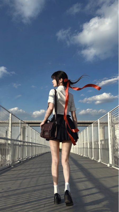 黑裙少女天桥背影飘带飞扬青春校园风景美女手机壁纸