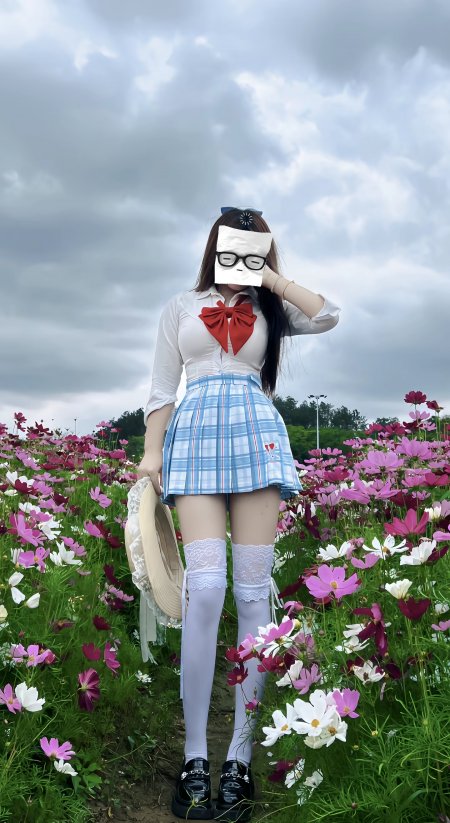 JK制服少女花海遮脸俏皮可爱二次元风格人像摄影人物手机壁纸