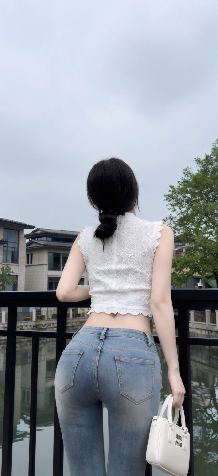 白色蕾丝上衣美女桥边背影牛仔裤写真人物手机壁纸