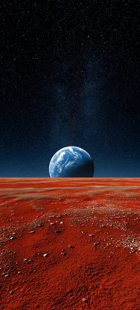 红色星球表面遥望蓝色地球科幻宇宙风景手机壁纸