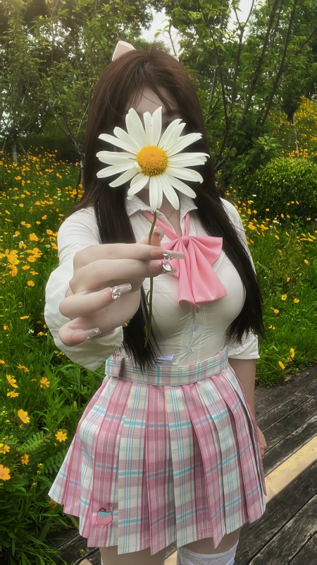 雏菊遮面少女粉色领结甜美自拍森系小清新人像摄影人物手机壁纸