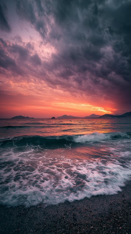 紫红晚霞映照海面波涛汹涌壮丽海岸线自然风光风景手机壁纸