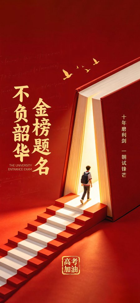 学子步入书本之门金榜题名不负韶华高考加油创意手机壁纸