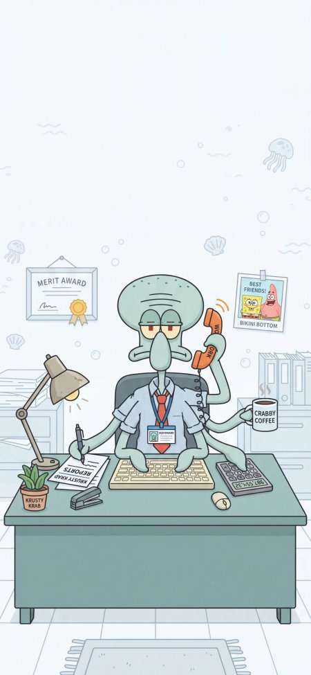 章鱼哥多手办公打电话忙碌打工人趣味卡通插画手机壁纸