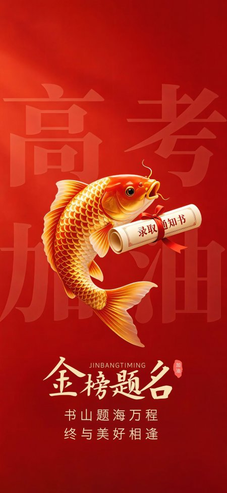 锦鲤衔录取通知书红底喜庆创意手机壁纸