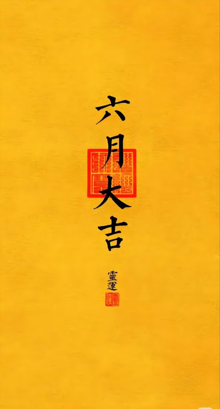 黄底黑字六月大吉书法竖排简约国潮祈福创意手机壁纸