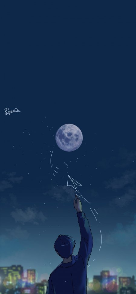 Ryepe插画少年夜空放飞纸飞机追逐月亮唯美意境手机壁纸