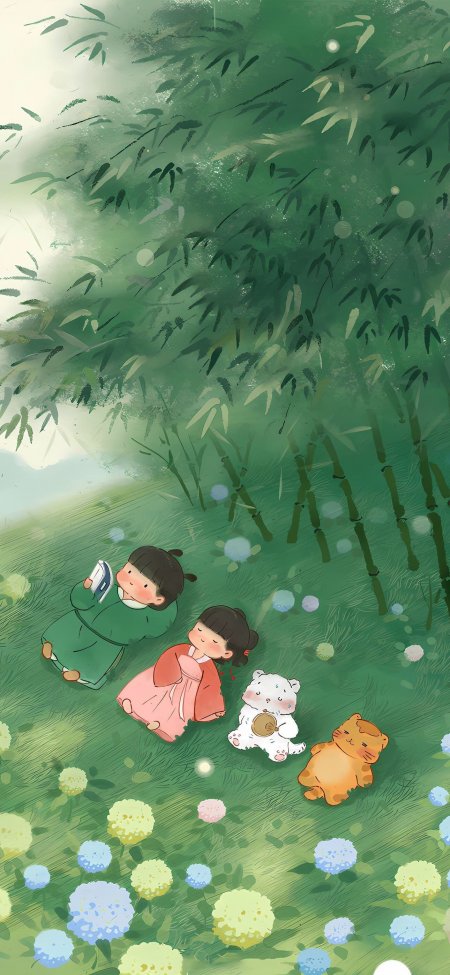 春羊原创竹林下孩童与猫咪嬉戏清新治愈系国风插画手机壁纸