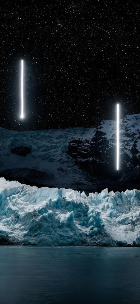 雪山冰川夜空双极光柱神秘科幻风光风景手机壁纸