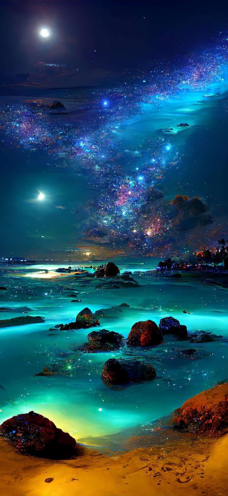 梦幻海滩星空银河倒映海面荧光蓝超现实夜景手机壁纸