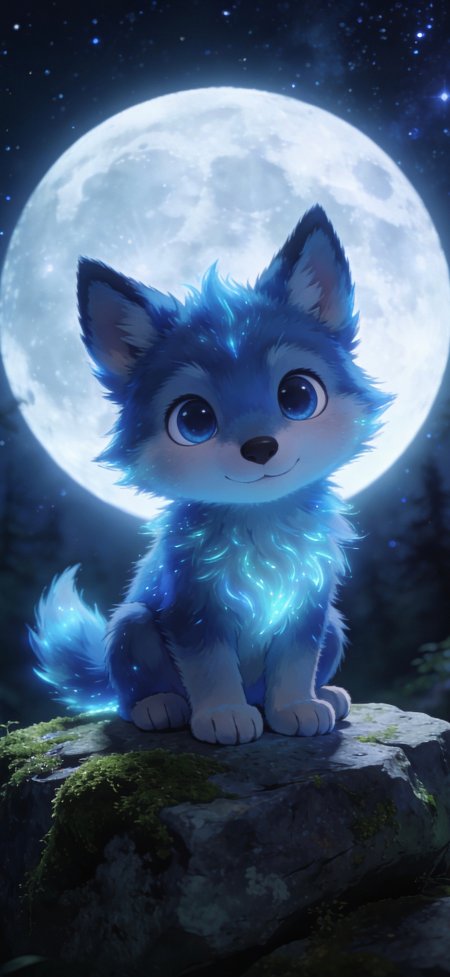 蓝色发光小狼崽满月星空奇幻森林动漫手机壁纸