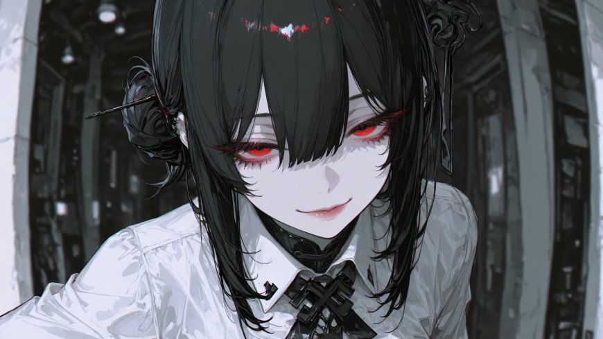黑发少女穿白衬衫红瞳浅笑立于昏暗巷道之中暗黑哥特风动漫人物电脑壁纸