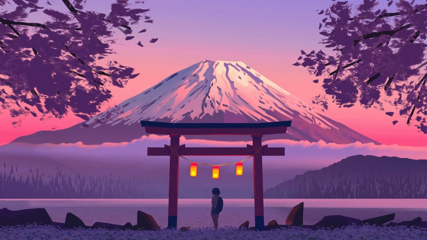 少女立于红色鸟居前凝望富士山樱花飘落粉紫色晚霞映照湖面唯美和风风景电脑壁纸