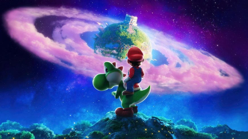 超级马力欧银河大电影马里奥骑耀西眺望悬浮星球紫色星云环绕奇幻动画电影电脑壁纸