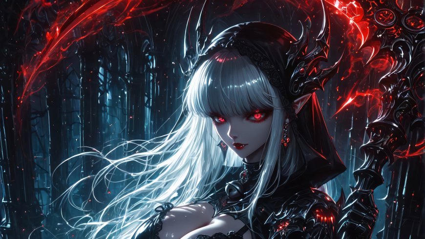 白发少女穿黑色铠甲手持巨镰红瞳凝视暗黑奇幻风格热血战斗动漫人物电脑壁纸