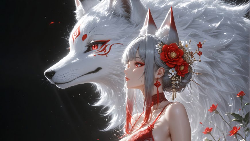 白发少女头戴红花与白狐并肩而立红瞳凝视东方和风唯美动漫人物电脑壁纸