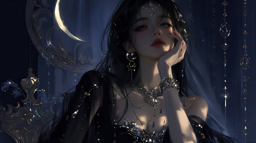 黑发少女身着华丽黑裙佩戴精致珠宝手托香腮月夜背景暗黑哥特风动漫人物电
