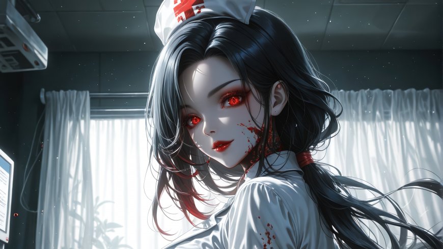 黑发少女穿白色护士服戴红十字帽红瞳带血立于病房窗前惊悚悬疑动漫人物电脑壁纸