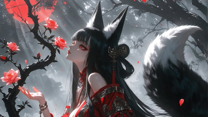 黑发少女戴狐耳穿红色和服轻嗅枝头玫瑰月光洒落花瓣纷飞唯美和风动漫人物电脑壁纸