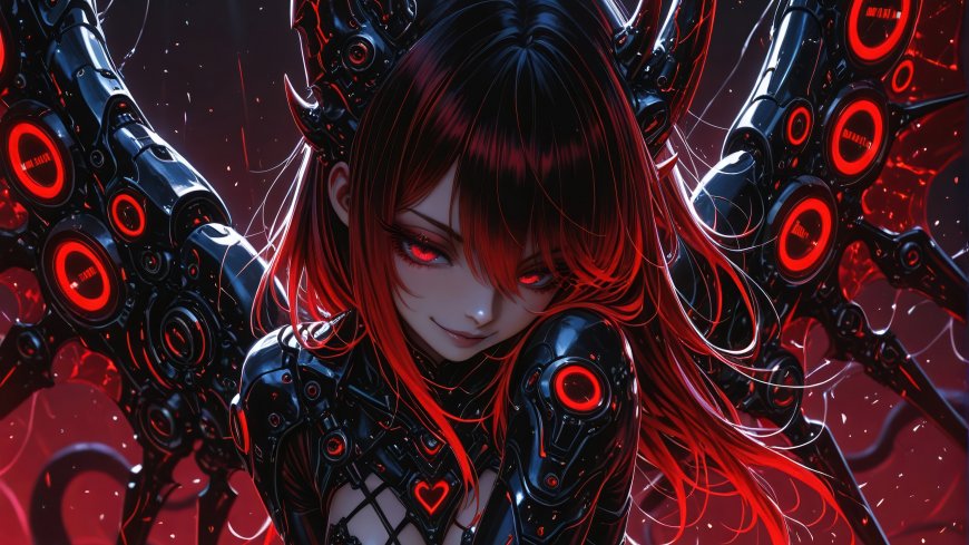 红发少女身披黑色机甲展巨大机械翼暗黑赛博朋克风唯美动漫人物电脑壁纸