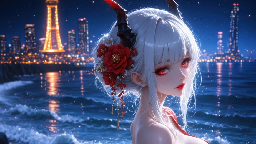 白发少女头戴红角花饰凝望东京塔夜景海面波光粼粼唯美都市动漫人物电脑壁纸
