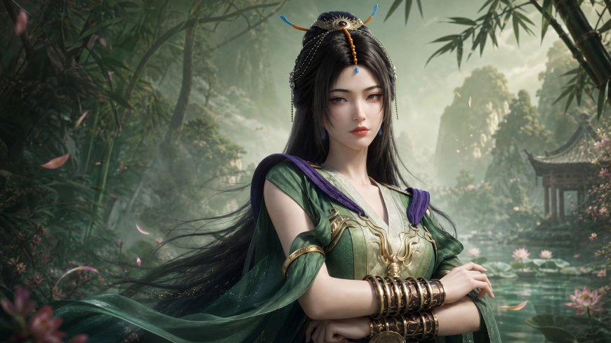 凡人修仙传柳玉身着翠绿长袍佩戴金色臂环立于青竹环绕的山水之间古典仙侠风唯美动漫人物电脑壁纸
