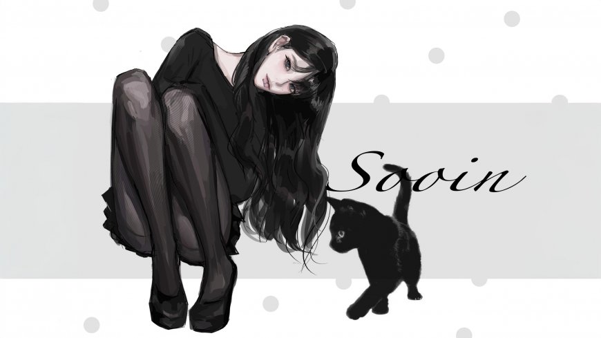 黑发少女蜷膝而坐身旁黑猫静立灰白背景点缀圆点简约线条风格治愈系动漫人物电脑壁纸